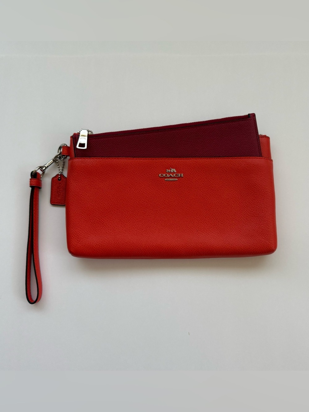 COACH Pumpkin Orange Leather Embossed Wristlet w. Red Pop Out Pouch Fall Holiday